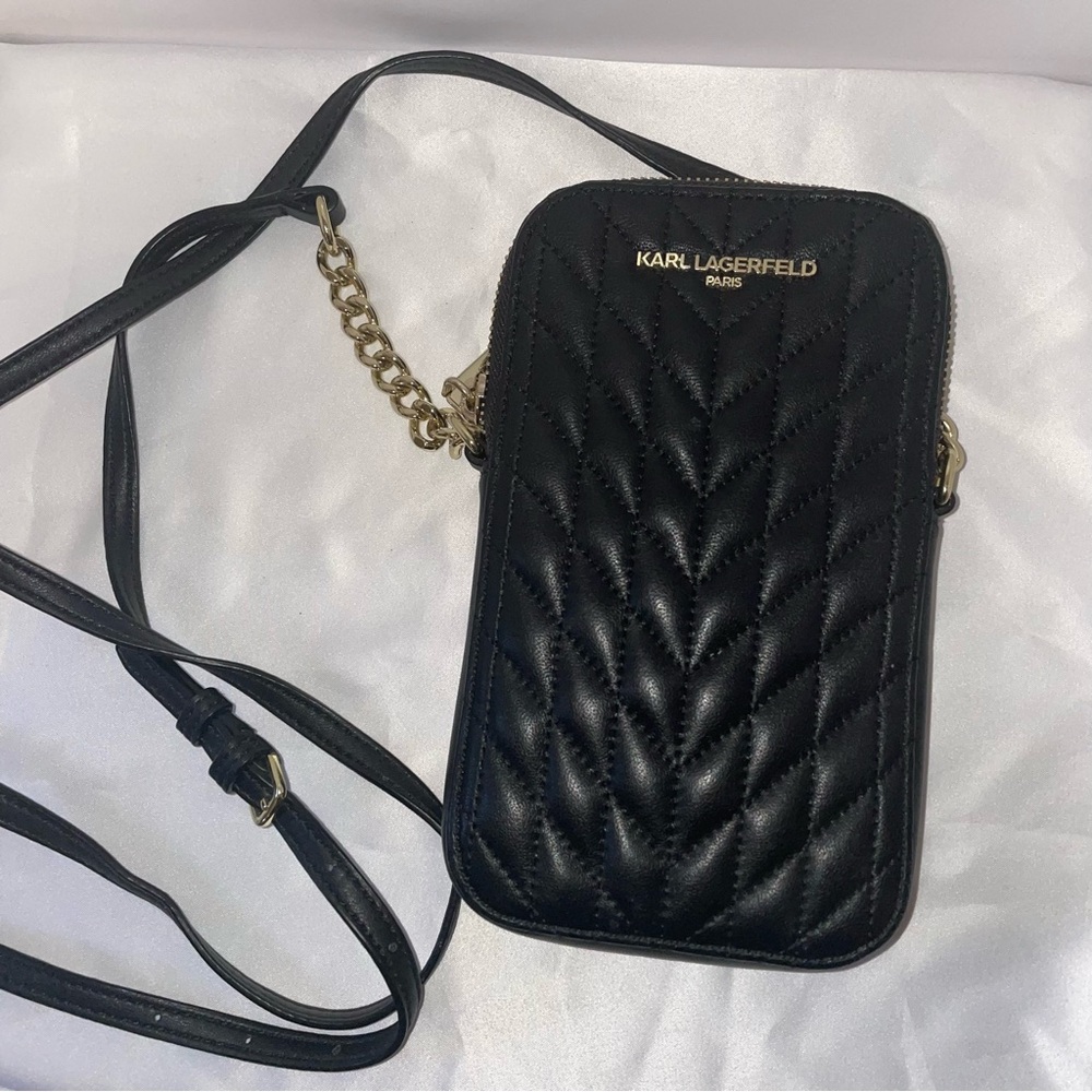 Karl Lagerfeld Paris Karolina Black Leather Cross Body Gold Chain